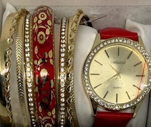 Embassy Red & Gold Watch and Bangle Bracelet Set New Battery